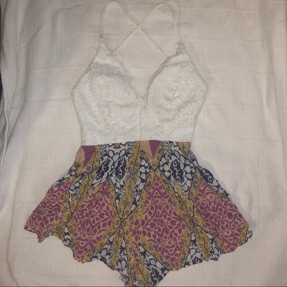 size 4 white lace/colorful patterned flowy romper